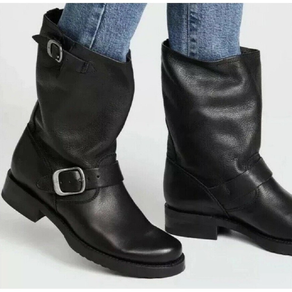 Frye Veronica Short Boots Womens 8 Black Leather Engineer Moto Buckle